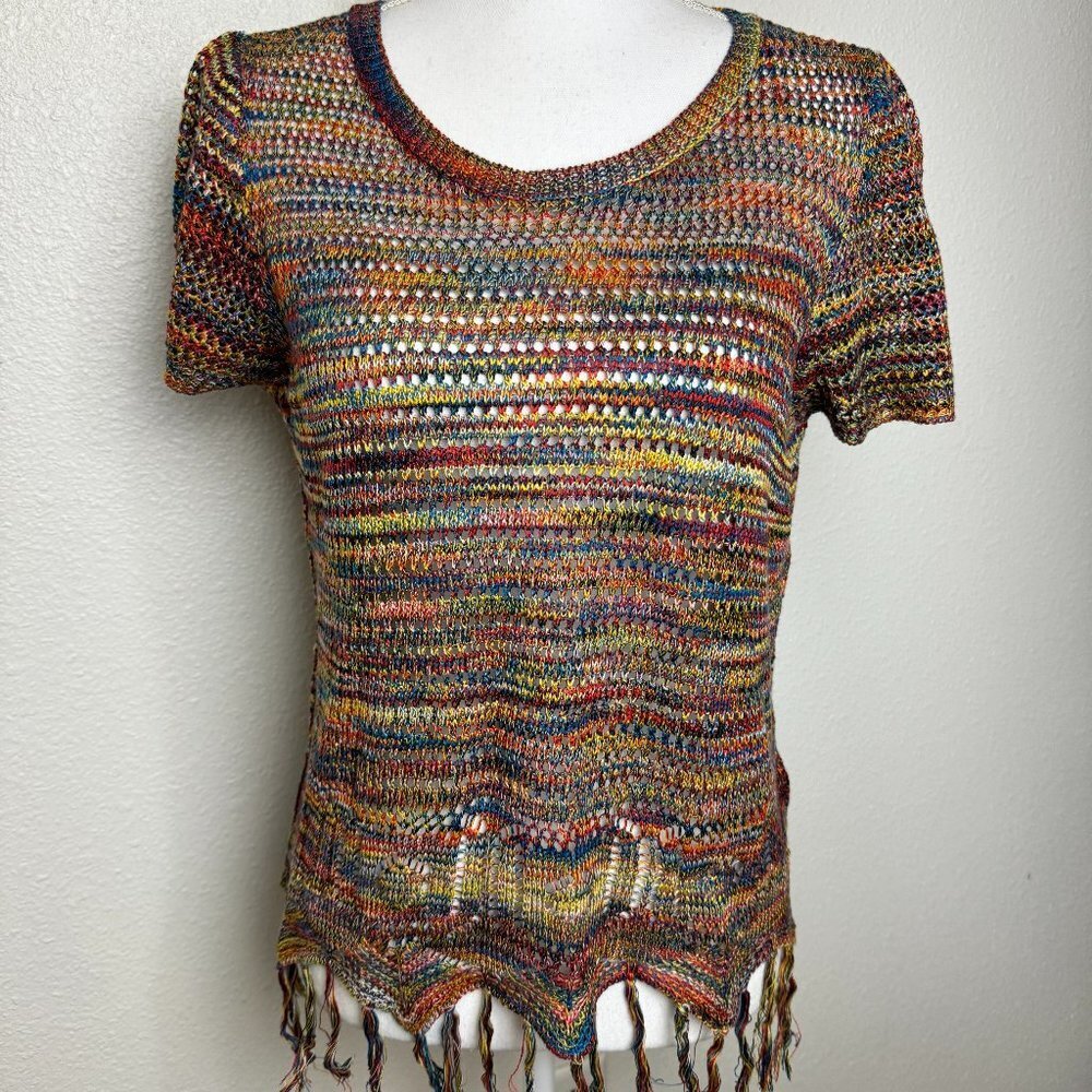 JohnPaulRichard Fringe Knit Crocheted Short Sleeve Cropped Top Boho Size L